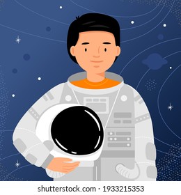 Man astronaut stands on starry sky background. Man cosmonaut portrait. Vector flat illustration.