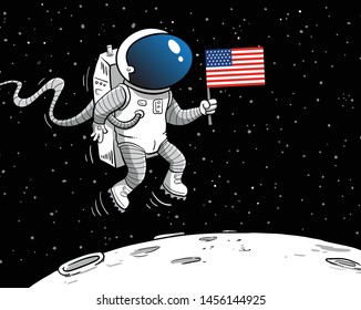 Man in astronaut suit floating in space with american flag landing on the moon