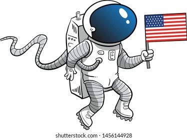 Man in astronaut suit floating in space with american flag