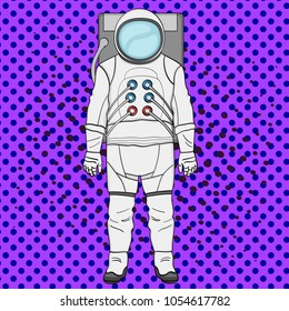 A man astronaut in a suit is isolated on a pop art background vector. Comic book style imitation. Vintage retro style.