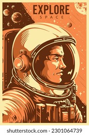 Man astronaut vintage flyer monochrome in helmet for landing on surface of planet near words space explore vector illustration