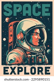 Man astronaut vintage poster colorful hero who flew into space with scientific research mission or landing on planets vector illustration
