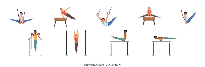 Homem atleta personagem do exercício de ginástica conjunto vetor