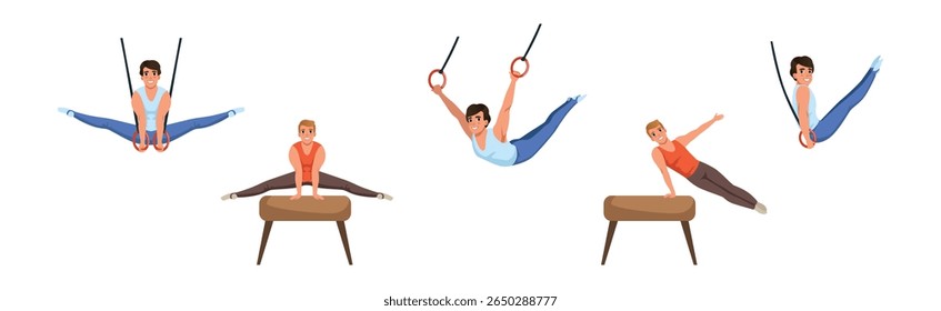 Homem atleta personagem do exercício de ginástica conjunto vetor