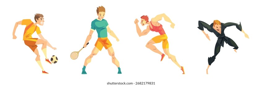 Man Athlete Character Engaged in Different Sport Vector Set