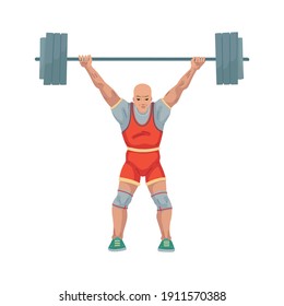 Man athlete lifts a heavy barbell, weightlifting illustration. Sport, character isolated on white background, childrens cartoon illustration, character designe