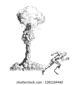 Man athlete on the denture running from the nuclear explosion. Drawing sketch