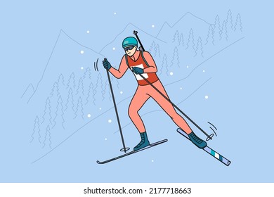 Man athlete in outerwear take part in biathlon competition in winter mountains. Sportsman ski participate in race. Sport and competition concept. Vector illustration. 