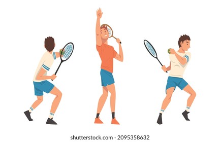 Man Athlete with Racket Playing Tennis in Pose for Striking Ball Vector Set