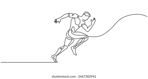 Hombre atleta corriendo rápido en una sola línea continua estilo de dibujo de arte. Aventura de viaje al aire libre concepto de Ilustración vectorial.