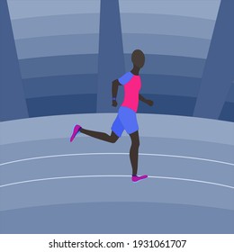 Man Athlete Running on the Stadium Track. Abstract Stadium Background. Flat Vector Illustration.