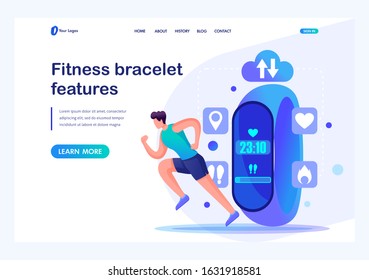 Man athlete uses a Fitness bracelet, properties and performance of the device. Flat 2D character. Landing page concepts and web design.