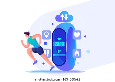 Man athlete uses a Fitness bracelet, properties and performance of the device. Flat 2D character. Concept for web design