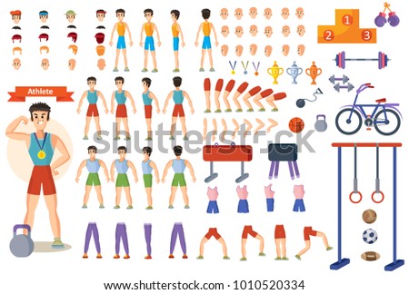 Man athlete vector constructor of cartoon character and gym equipment or training poses creation. Isolated constriction icons of body parts and exercise gestures, sportsman face and fitness weights
