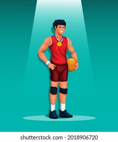 Man athlete Volley sport holding ball with gold medal character figure illustration vector