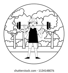 man athlete weight lifting in landscape