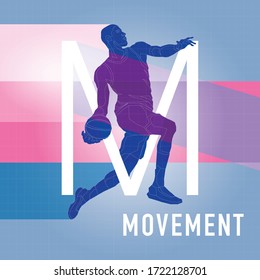 Man is athletes. Basketball game. Propaganda of movement and healthy lifestyle. Vector illustration on a colored background of geometric shapes.