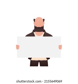 Un hombre de construcción atlética sostiene un cartel en blanco en sus manos. Aislado. Estilo de caricatura. Ilustración del vector