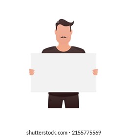 A man of athletic build holds a blank sheet in his hands. Isolated. Cartoon style. Vector illustration