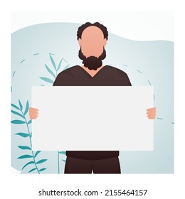 A man of athletic build in the room stands waist-deep and holds an empty sign in his hands. Place for your advertisement. Cartoon style. Vector illustration