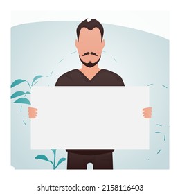 Un hombre de construcción atlética en la habitación se pone de pie con la cintura y sostiene un cartel vacío en sus manos. Coloca tu anuncio. Estilo de caricatura. Ilustración del vector