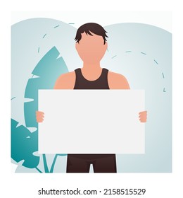 A Man Of Athletic Build In The Room Stands Waist-deep And Holds An Empty Banner In His Hands. Rally. Cartoon Style. Vector Illustration