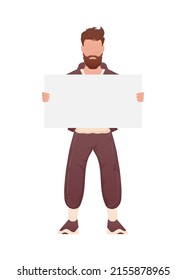 A man of athletic build stands in full growth and holds an empty sign in his hands. Isolated. Cartoon style. Vector illustration