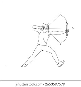 A man in an athletic stance draws a bow with intense focus, captured in a continuous line art illustration representing precision, strength, and discipline in archery.