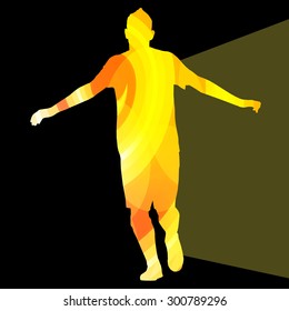 Man athletic stretching exercise warm up silhouette vector background colorful concept made of transparent curved shapes