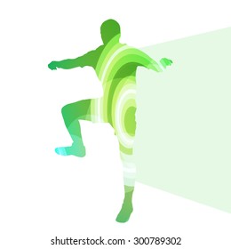 Man athletic stretching exercise warm up silhouette vector background colorful concept made of transparent curved shapes