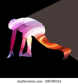 Man athletic stretching exercise warm up silhouette vector background colorful concept made of transparent curved shapes