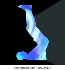 Man athletic stretching exercise warm up silhouette vector background colorful concept made of transparent curved shapes