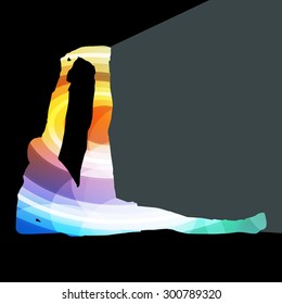 Man athletic stretching exercise warm up silhouette vector background colorful concept made of transparent curved shapes