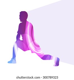 Man athletic stretching exercise warm up silhouette vector background colorful concept made of transparent curved shapes