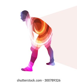 Man athletic stretching exercise warm up silhouette vector background colorful concept made of transparent curved shapes