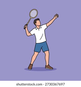 A man in athletic wear is playing badminton, captured mid-serve with a racket raised.
