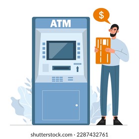 Mann mit ATM-Konzept. Junge Leute mit Bankkarte in der Nähe von Terminal und Maschine. Transaktionen und Überweisungen, Zahlungen. bargeldlose Operationen. Unternehmer und Geschäftsmann. Cartoon-Flavektor-Vektorgrafik