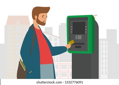 Man at atm makes a payment or withdrawal flat vector illustration. Deposit, dialing pin code, financial transactions using ATM concept. A guy in the city inserts a card into the ATM