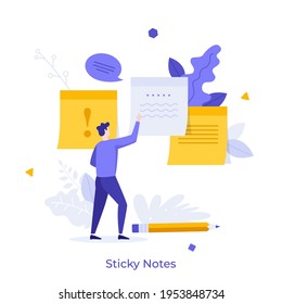 Man attaching paper sticky notes to surface. Concept of adhesive written notification, information message, comment, reminder for work. Modern flat colorful vector illustration for banner, poster.