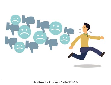 Man attacks by dislike and thumb down. Cyber bulling concept with negative review. Vector illustration.