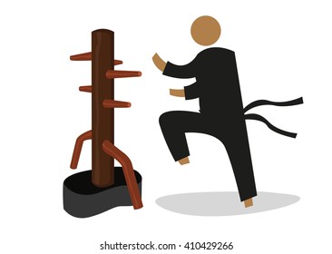 Man Attacks a Wooden Dummy used in personal training by Martial Artists. Editable Clip Art.