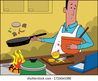 A man attempts to cook dinner with help from his laptop.