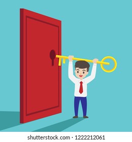 The man attempts unlock to open the red door of success.