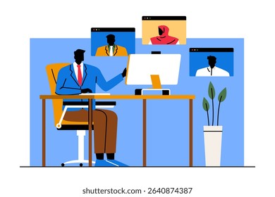 A man attending a business group video conference with colleagues