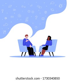 A man attending a therapy session with a black female mental specialist. Personal psychotherapy session. Conversation with a psychologist. Icons in the speech bubble