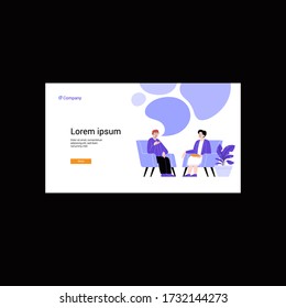 A man attending a therapy session with a female mental specialist. Personal psychotherapy session. Conversation with a psychologist. Website main page template