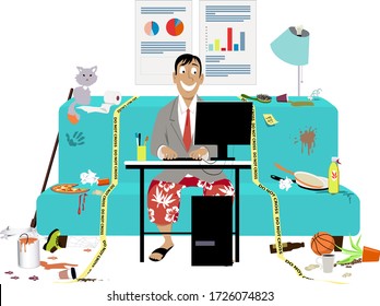 Man Attending A Work Video Conference In Business Jacket And Swim Shorts, In A Messy Room On A Couch, Yellow Tape Sets Work Place Boundaries, EPS 8 Vector Illustration	