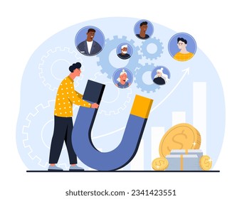 Man attracting customers concept. Young guy with magnet near avatar of people. Marketing and promotion in social networks and messengers. Character with buyers. Cartoon flat vector illustration