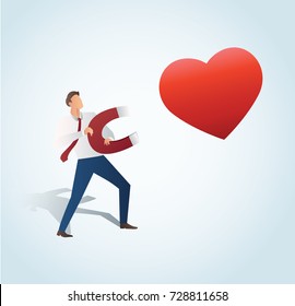 man attracting the heart with a large magnet vector illustration