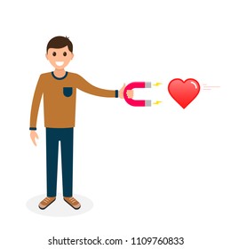 Man attracting the heart with a magnet vector concept illustration.